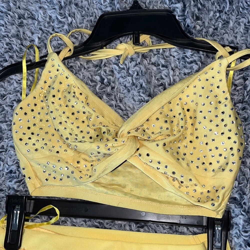 BANJUL two piece yellow outfit dress with rhinestones on it